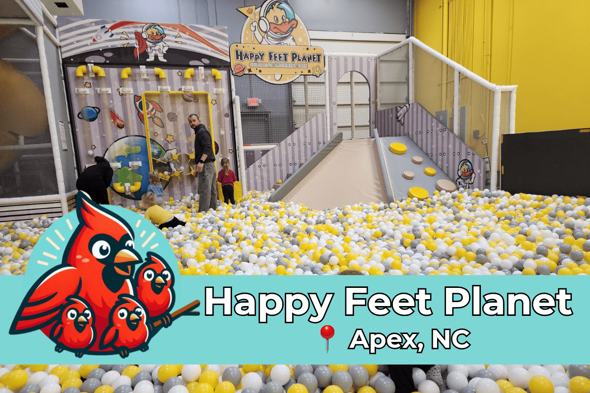 GPT A vibrant indoor play area filled with yellow and white balls features the Happy Feet Planet logo in Apex, NC, with playful cartoon birds, and children joyfully playing in the background.