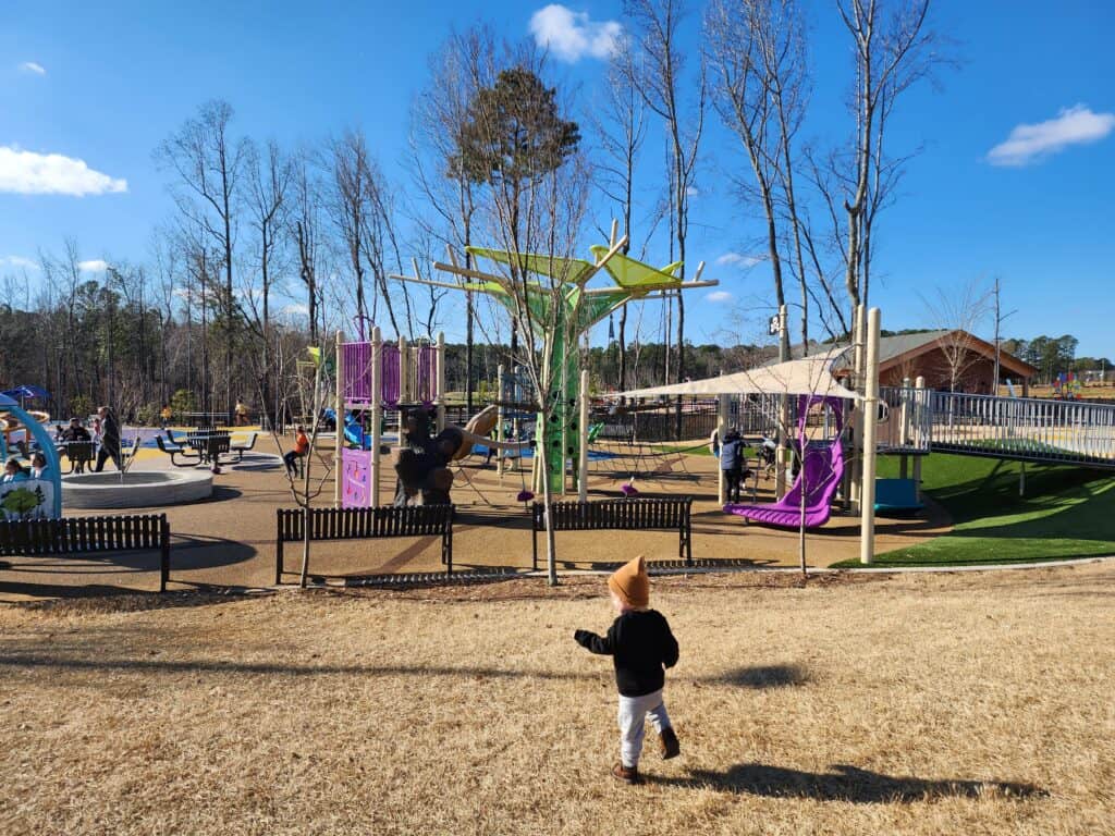 A lively and engaging playground scene in the Triangle area, with children and families enjoying various play structures. The playground includes a tall green and yellow canopy, purple slides, and a web of climbing ropes, set against a backdrop of leafless trees and a bright blue sky, capturing a sense of active community fun.