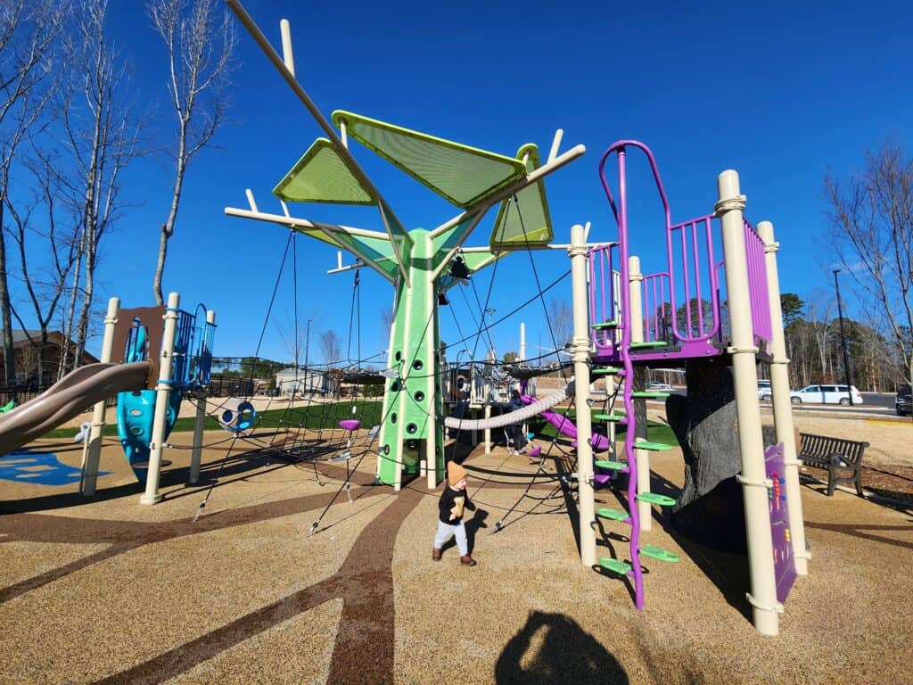 An innovative playground structure in Apex, with a green and purple color scheme, features a variety of play equipment including swings, slides, and climbing nets. The design incorporates natural elements like rock features, all under a clear blue sky with bare trees in the background, suggesting a cool but sunny day