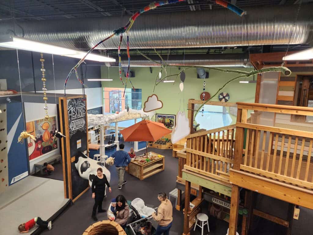 An overhead view of a bustling indoor play space in Chapel Hill, featuring a climbing area, 'The Flexible Forest' play zone, and a market setup, where children engage in imaginative play surrounded by whimsical decorations and educational exhibits.