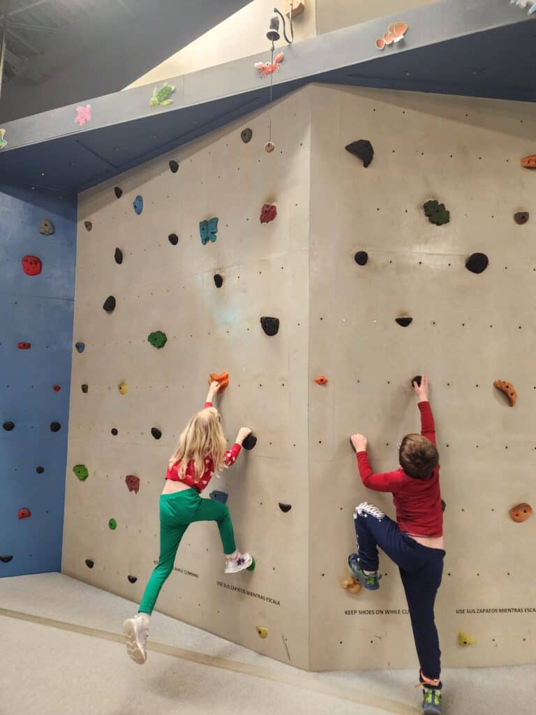 Two children energetically climb a rock wall in an indoor playground, with colorful handholds and a sign reminding to keep shoes on, promoting physical activity and coordination in a fun, challenging environment