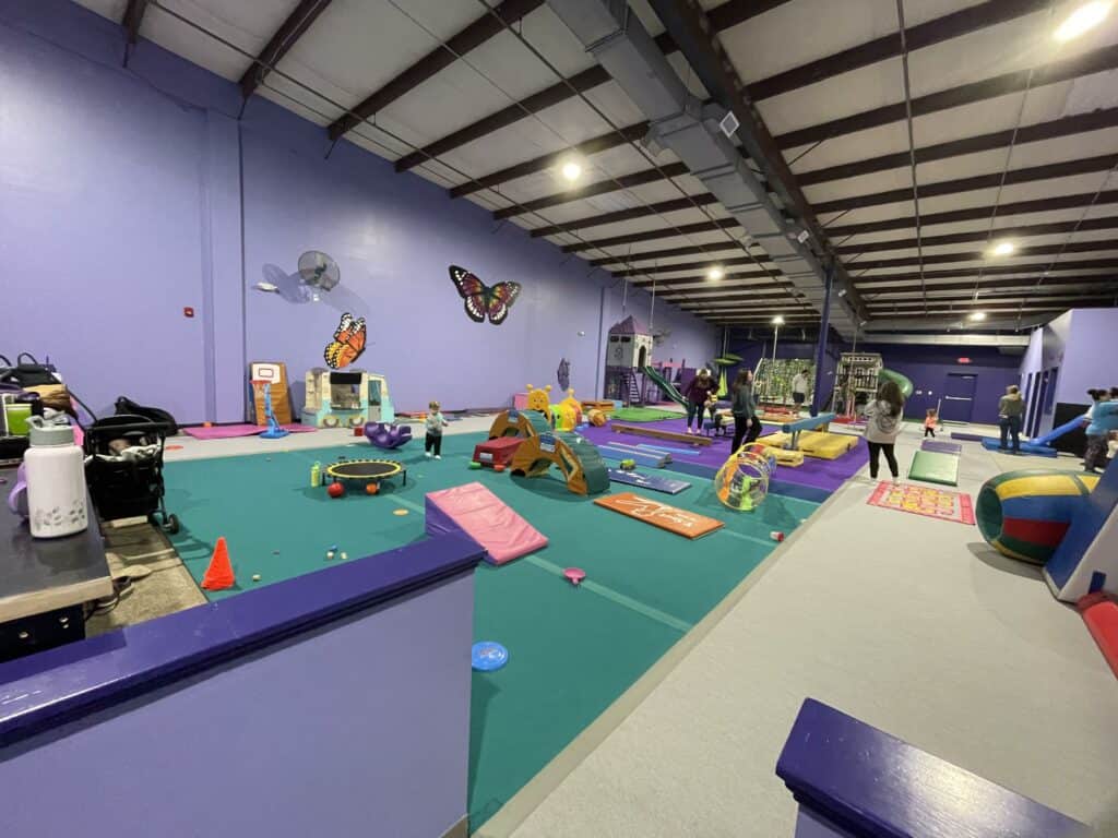 a cute and colorful indoor gym and play space for toddlers, the walls are purple with large butterfly decals