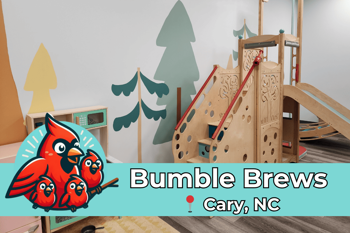Promotional image of Bumble Brews in Cary, NC, showcasing a child-friendly wooden play structure with slides, next to a play kitchen set, adorned with a cheerful cardinal bird mascot and a clear label of the location