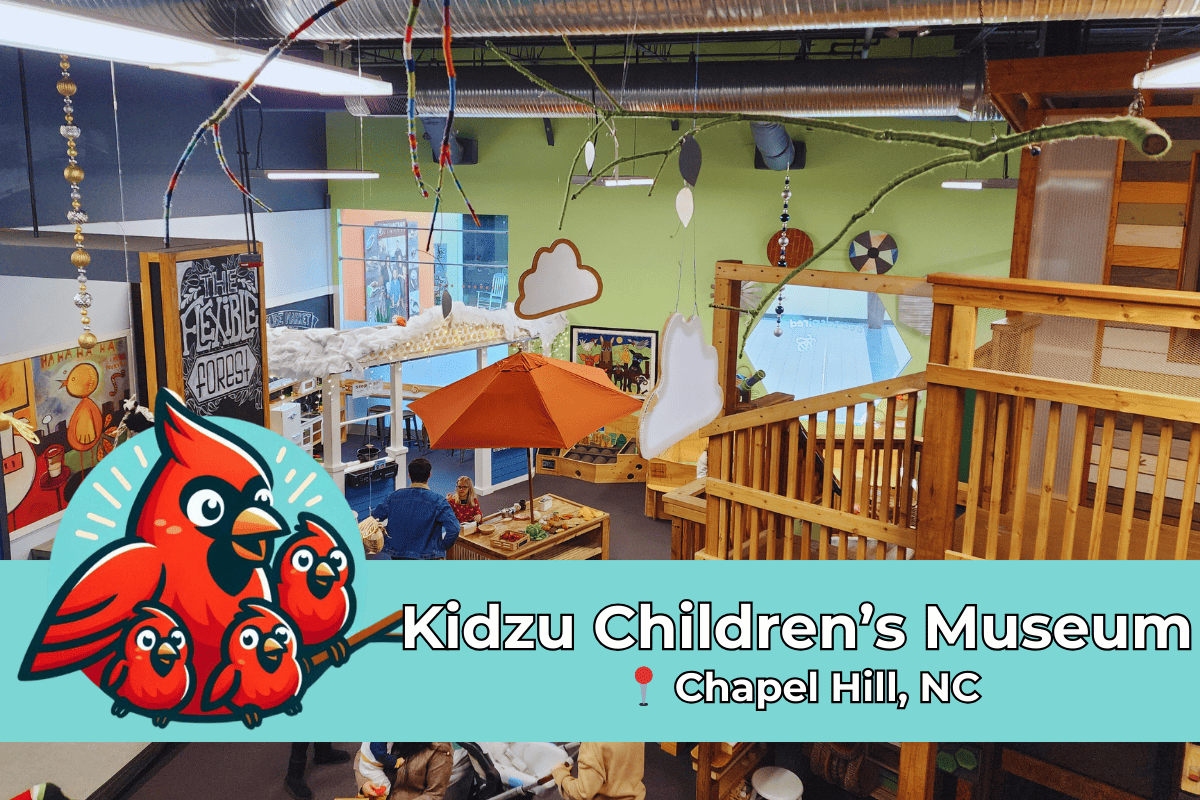A vibrant and playful interior of the Kidzu Children's Museum in Chapel Hill, NC, filled with interactive exhibits like 'The Flexible Forest', and a mini-market beneath a whimsical display of clouds and lights, inviting young minds to explore and learn