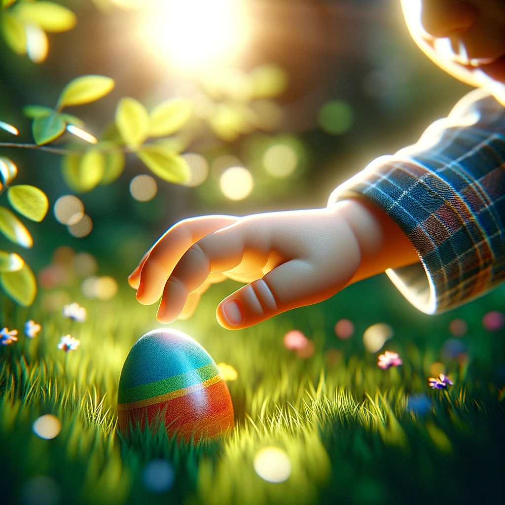Close-up of a child's hand reaching for a vibrantly painted Easter egg nestled in the green grass, highlighted by the warm glow of sunlight, capturing a moment from Easter events in the North Carolina Triangle area