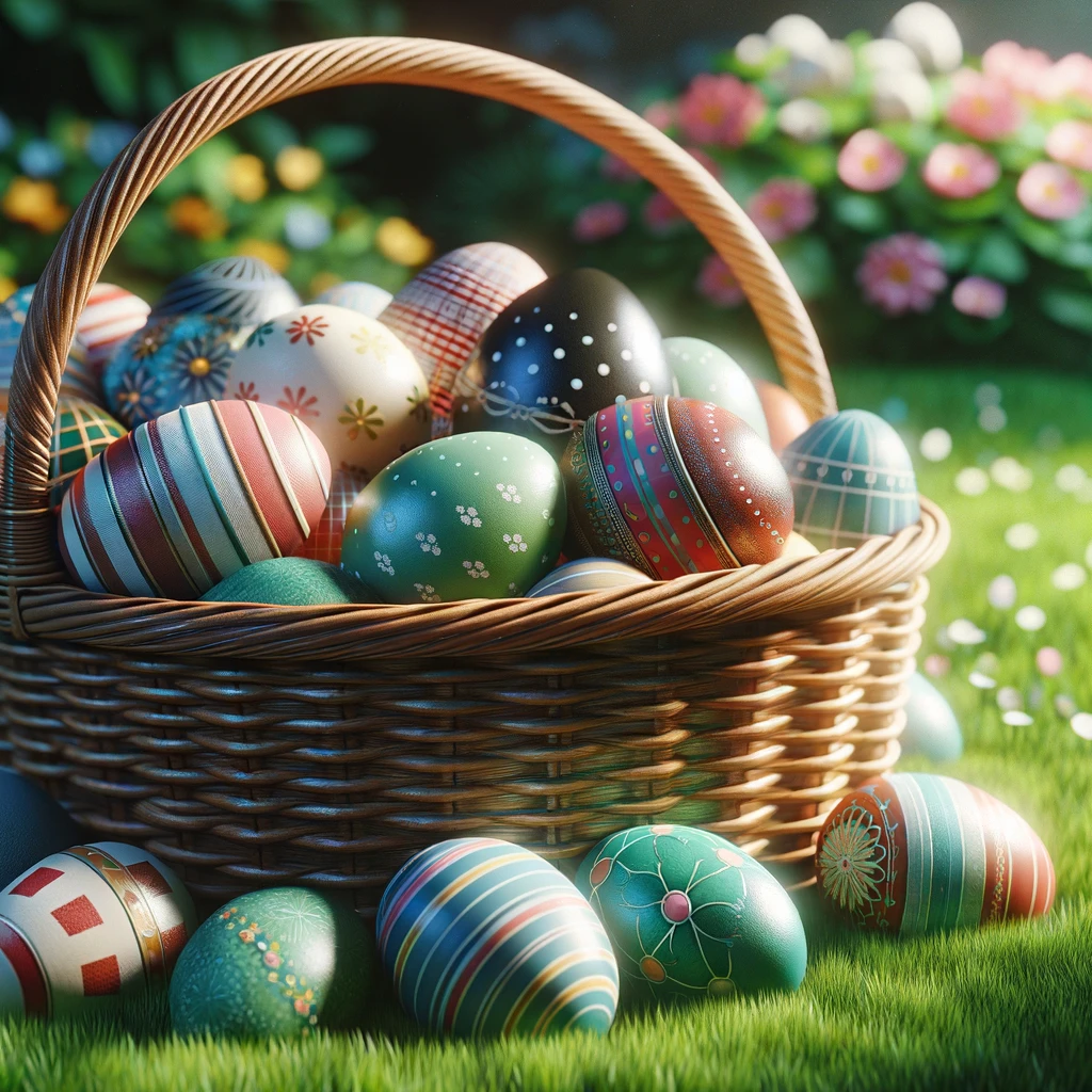 a basket sits on the grass and is filled with colorful, painted easter eggs. flowers and signs of spring are seen beyond