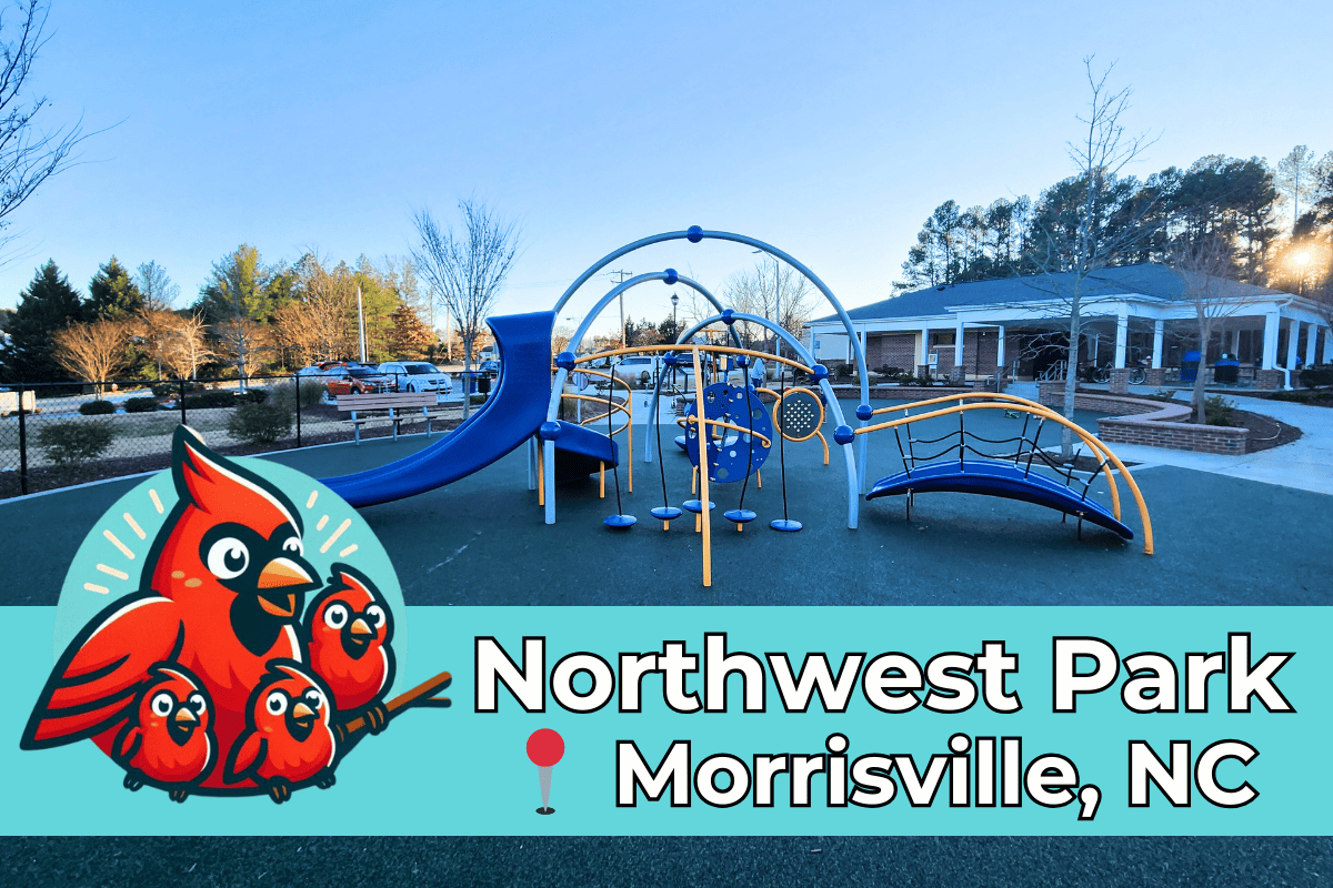 Promotional image for Northwest Park in Morrisville, NC, featuring a clear blue sky over the park's playground equipment with a sunset in the background. In the foreground, there's an illustration of three cheerful red cardinals, the Raleigh Family Adventure mascot, alongside the bold text 'Northwest Park Morrisville, NC' over a teal background."