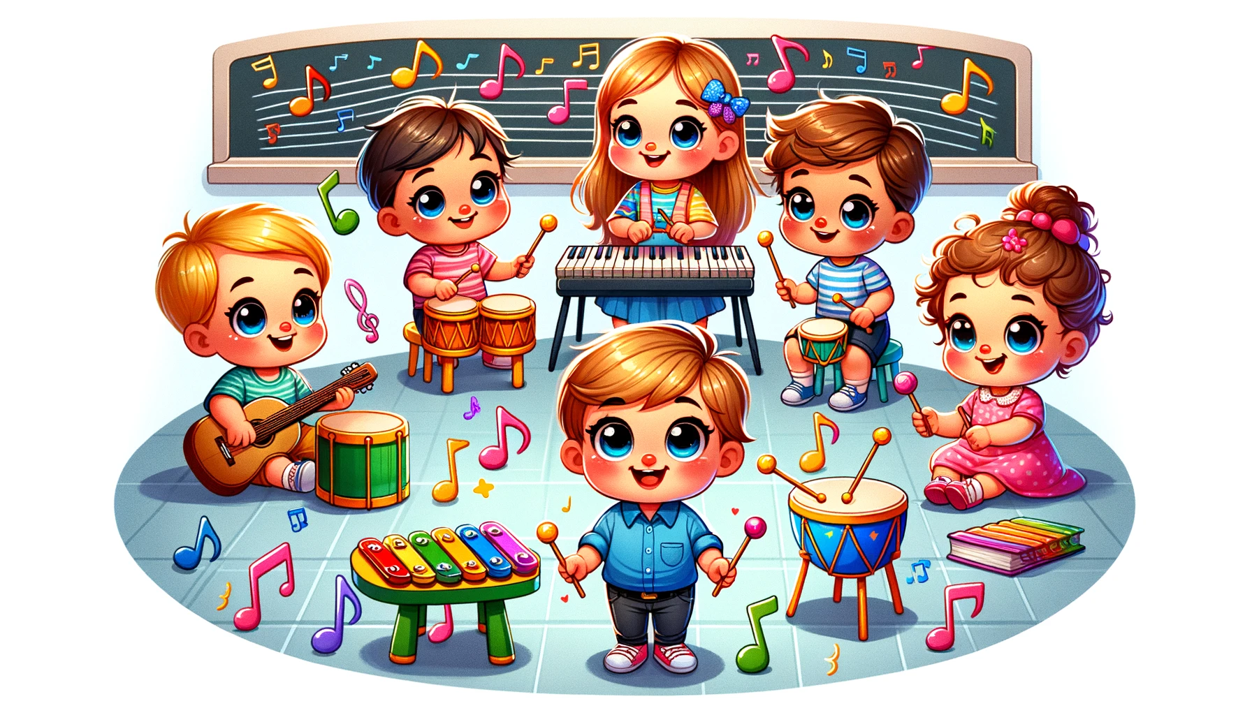 A group of animated toddlers enjoying a music class, with one playing a guitar, others playing drums and xylophone, and a child playing a keyboard, all surrounded by colorful musical notes, representing one of the fun options for toddler classes in Raleigh NC and surrounding areas