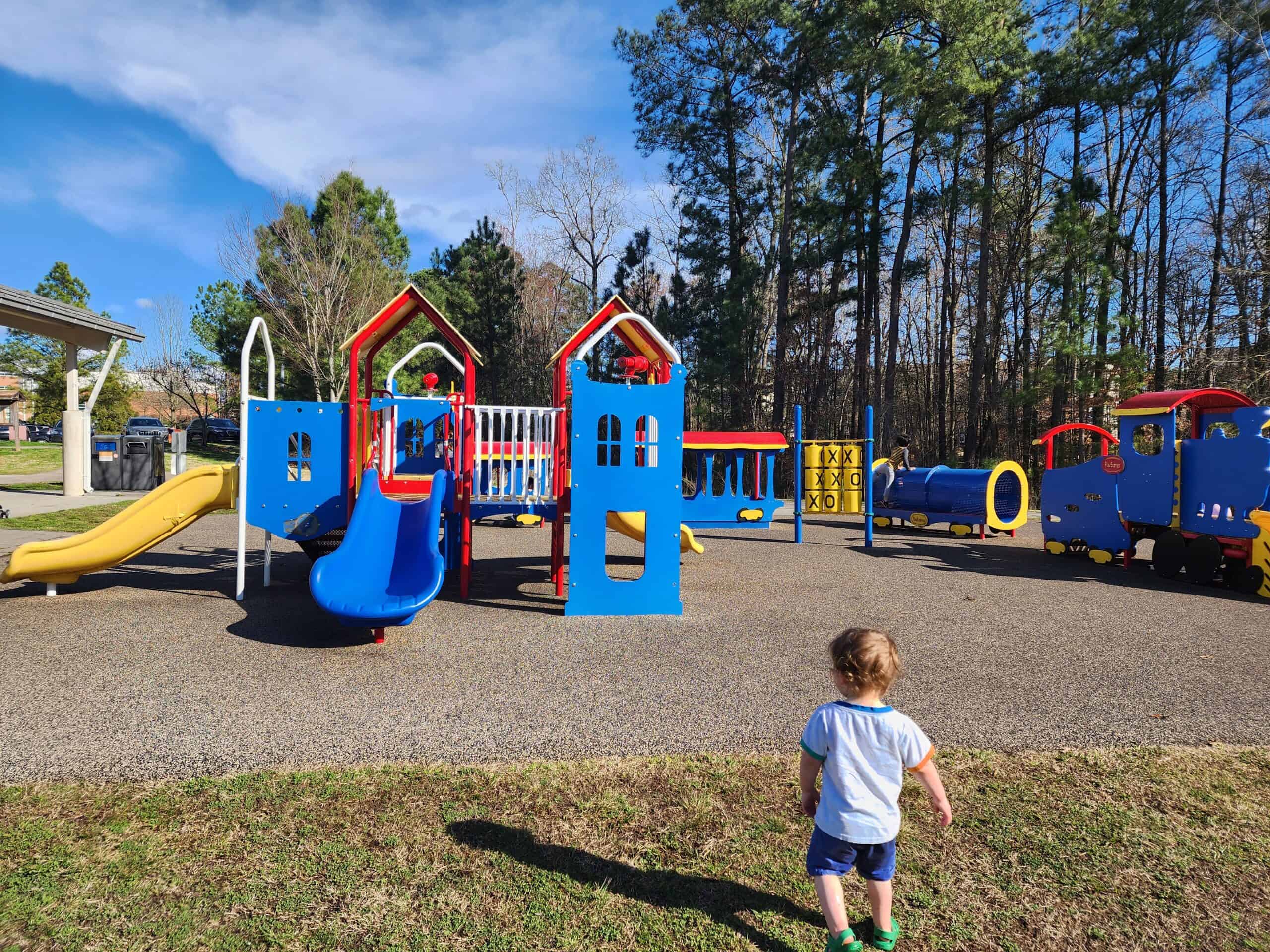 A young child stands at the edge of a playground, gazing at colorful play structures including a blue slide, red and yellow playhouses, and a train-themed playset, all under a clear blue sky.