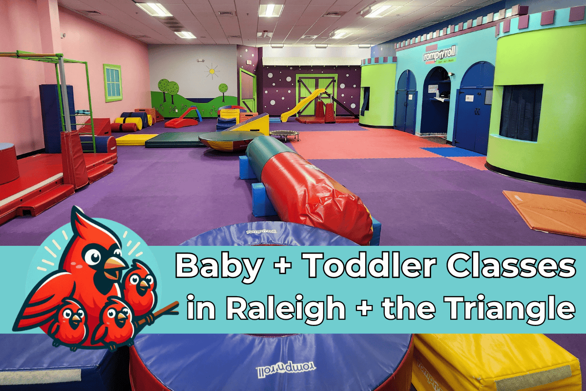 Bright, colorful indoor play area featuring various soft play equipment for toddlers, with a banner at the bottom that reads "Baby + Toddler Classes in Raleigh + the Triangle" alongside a cartoon of four red cardinals.