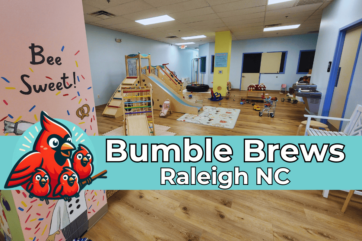 "Spacious and vibrant interior of Bumble Brews indoor playground in Raleigh, NC, featuring a wooden play structure, assorted toys on colorful mats, and a whimsical 'Bee Sweet!' wall mural