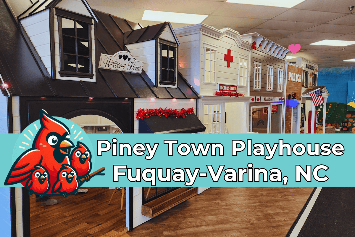 Indoor scene of Piney Town Playhouse in Fuquay-Varina, NC, showcasing a charming, child-sized town with a 'Welcome Home' sign on a black house, a red-cross adorned doctor's office, a police station, and various other colorful facades. A logo with four cheerful red cardinals accompanies the bold text 'Piney Town Playhouse Fuquay-Varina, NC' in the foreground.