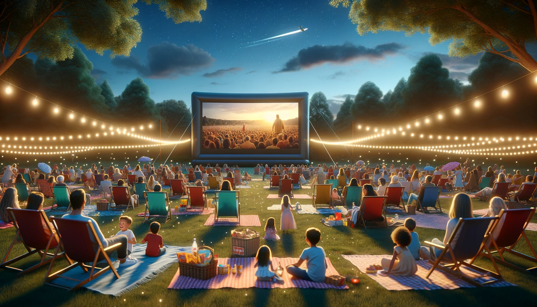 A crowd of families and children watching an outdoor movie under string lights at night, with trees and a starry sky in the background. This scene depicts a summer movie night for kids in Raleigh, featuring a large inflatable screen and picnic setups.