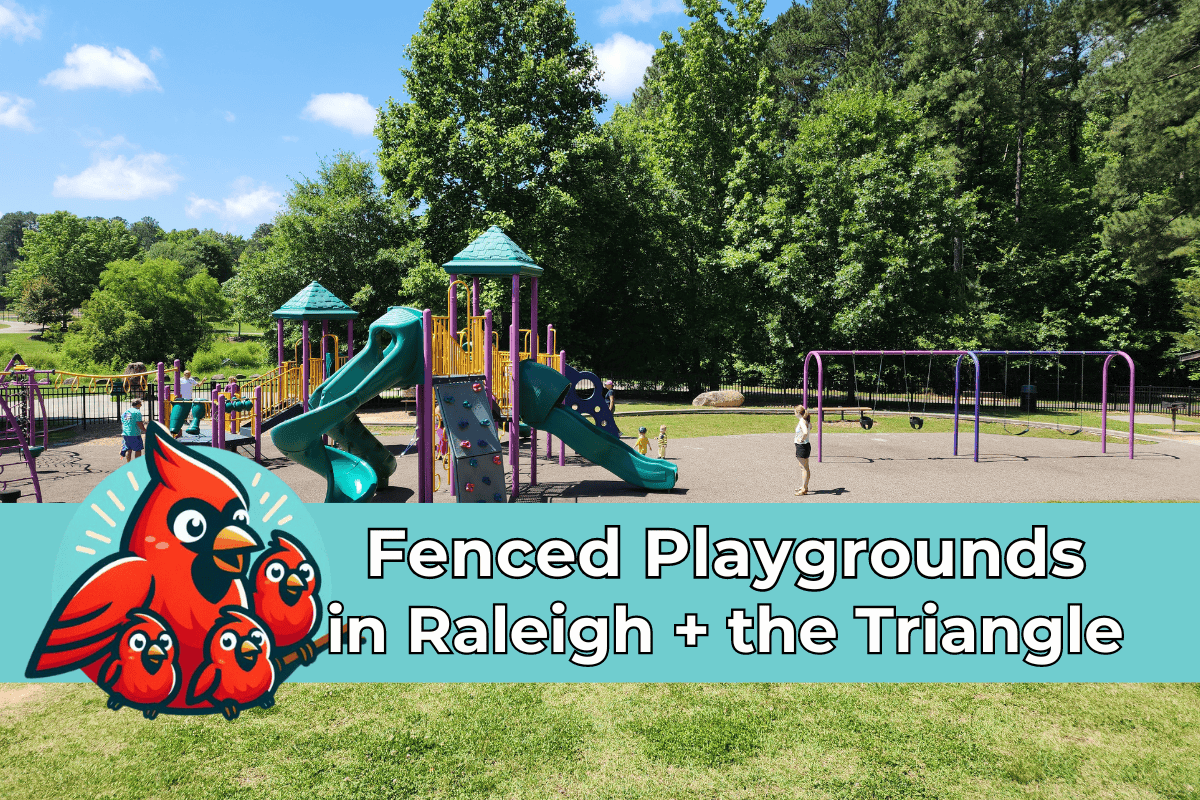 Children playing on a fenced playground in Raleigh, NC, featuring slides, climbing structures, and swings, surrounded by lush green trees. A graphic of a cardinal family and text reading 'Fenced Playgrounds in Raleigh + the Triangle' is overlaid at the bottom. Keywords: fenced playgrounds near me.