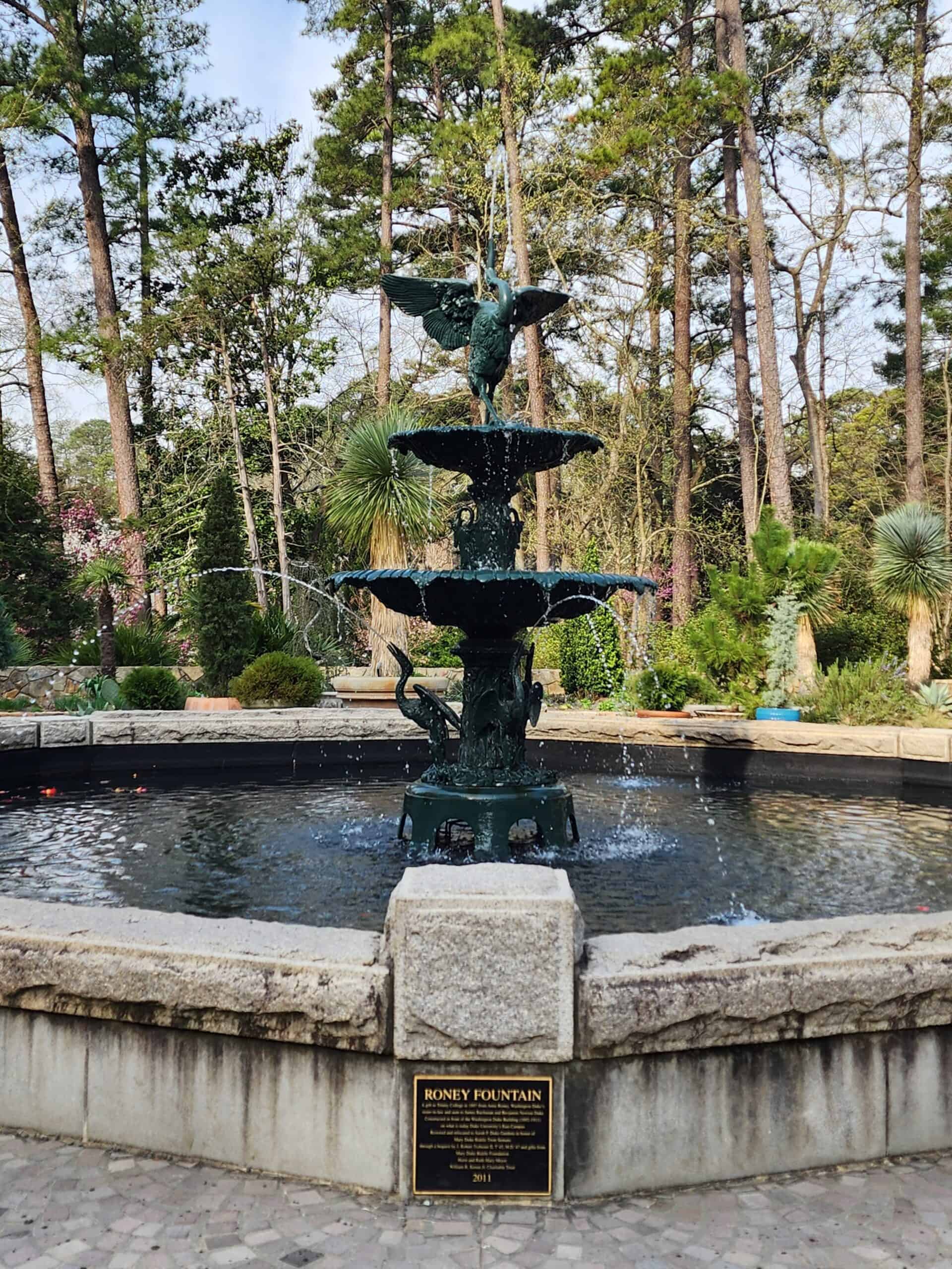 The image features the Roney Fountain at Durham's Duke Gardens, a multi-tiered bronze fountain with a bird sculpture on top, located in a park surrounded by tall trees and lush greenery. The fountain sits in a circular stone basin, and a plaque at the base provides historical information. Visiting this picturesque fountain is one of the free things to do in the Triangle area.