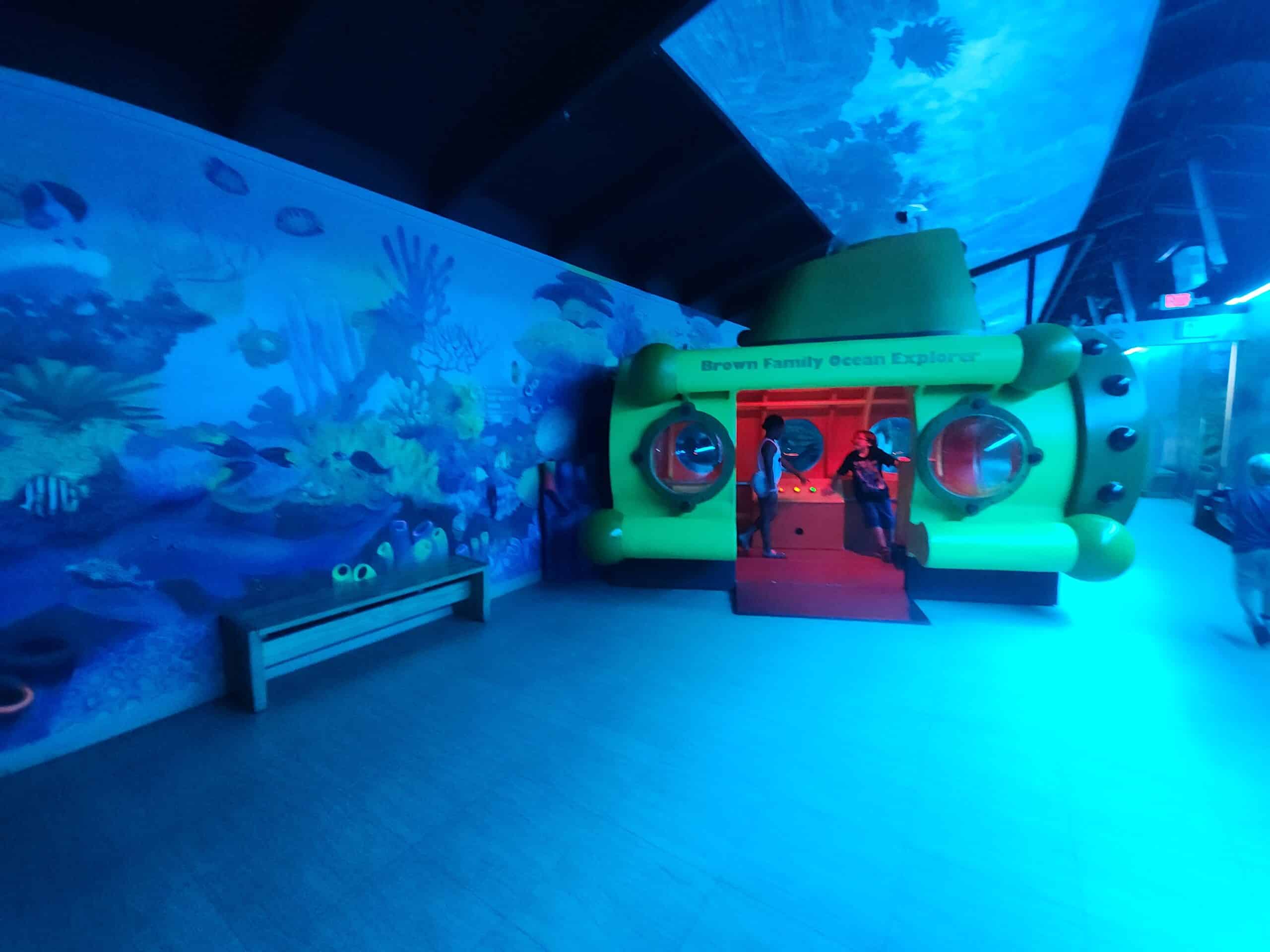 Children play inside a bright yellow submarine-themed play area labeled "Brown Family Ocean Explorer" at the Greensboro Science Center. The room is illuminated with blue lighting and features an underwater mural with vibrant marine life.