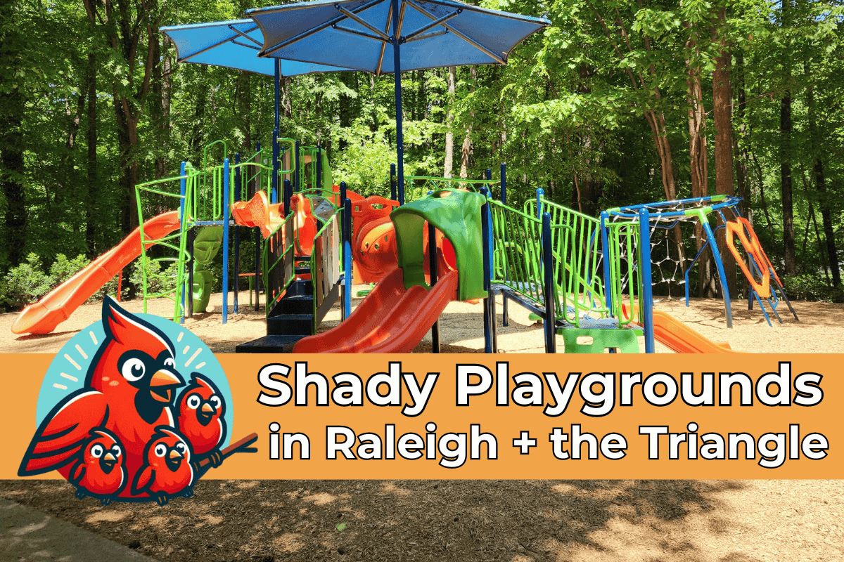 A colorful playground set located in a shaded, wooded area with various slides and climbing structures. A large blue umbrella provides additional shade. The image includes a banner at the bottom with a family of cartoon cardinals and text that reads, "Shady Playgrounds in Raleigh + the Triangle." This image highlights a cool, tree-covered play area in Raleigh, perfect for keeping kids cool during hot days.