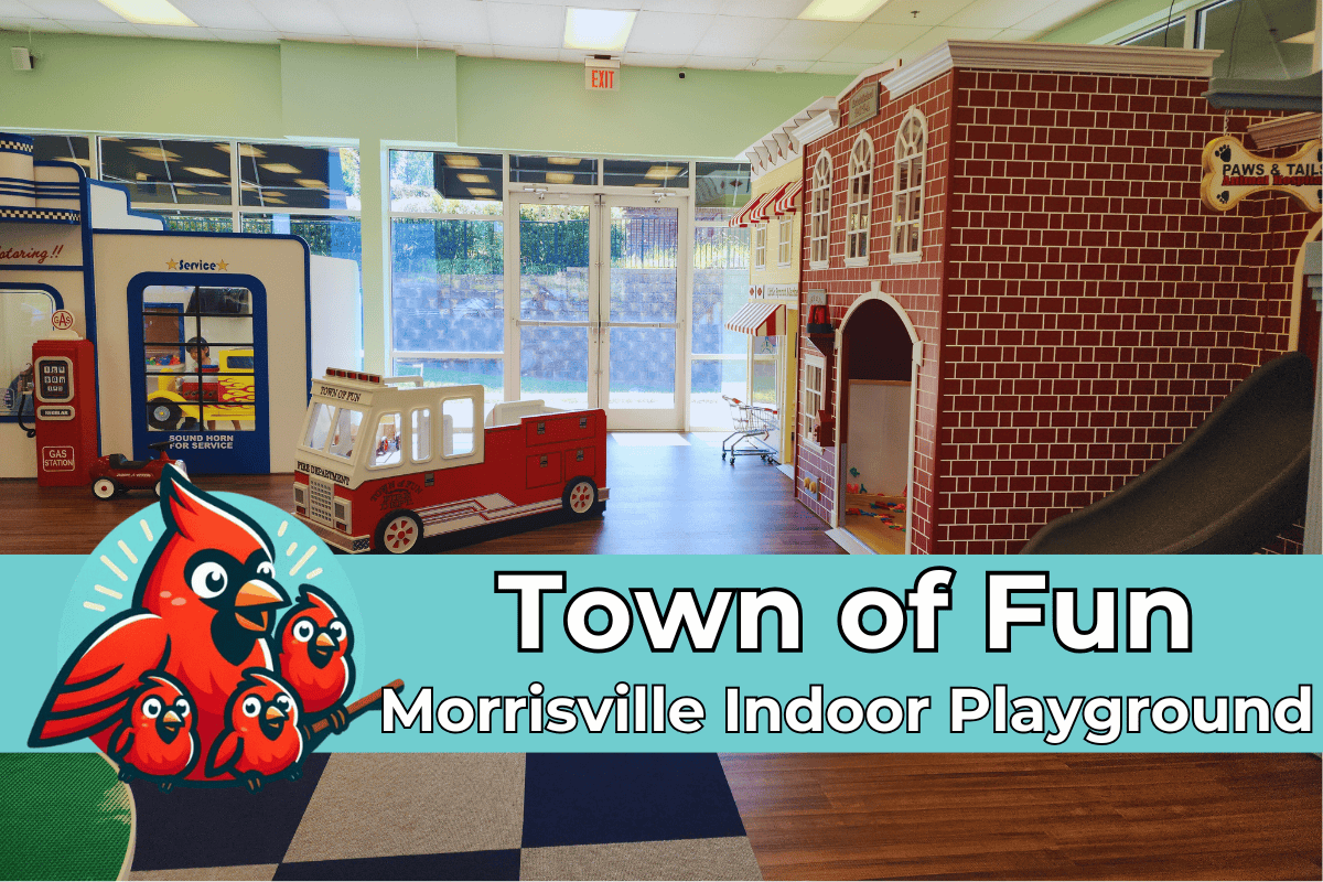 Interior of Town of Fun, an indoor playground in Morrisville, featuring a child-sized fire truck, gas station, and storefronts styled as a mini town. Bright natural light fills the space, while a playful cardinal mascot with four smaller birds is included in the lower-left corner, alongside the playground's name and location text