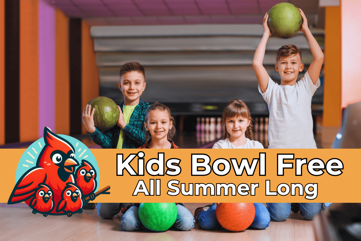 Four smiling children pose at a bowling alley holding colorful bowling balls, with a large orange banner across the image reading “Kids Bowl Free All Summer Long.” A cartoon cardinal with three chicks appears on the left side of the banner, promoting a kid-friendly summer bowling program.